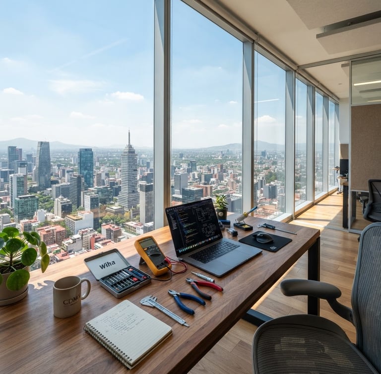 Wide-angle editorial photography of the Mexico City skyline seen through a large clean window of a high-rise office, bright natural daylight, technical tools neatly arranged on a wooden desk in the foreground.