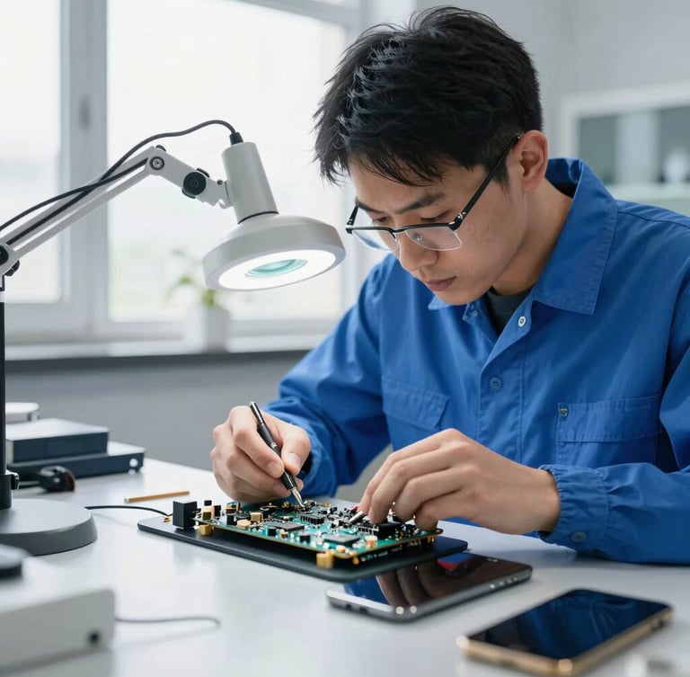 Focused technician in a clean blue uniform repairing a smartphone motherboard under a professional magnifying lamp, bright natural window light, sharp macro detail