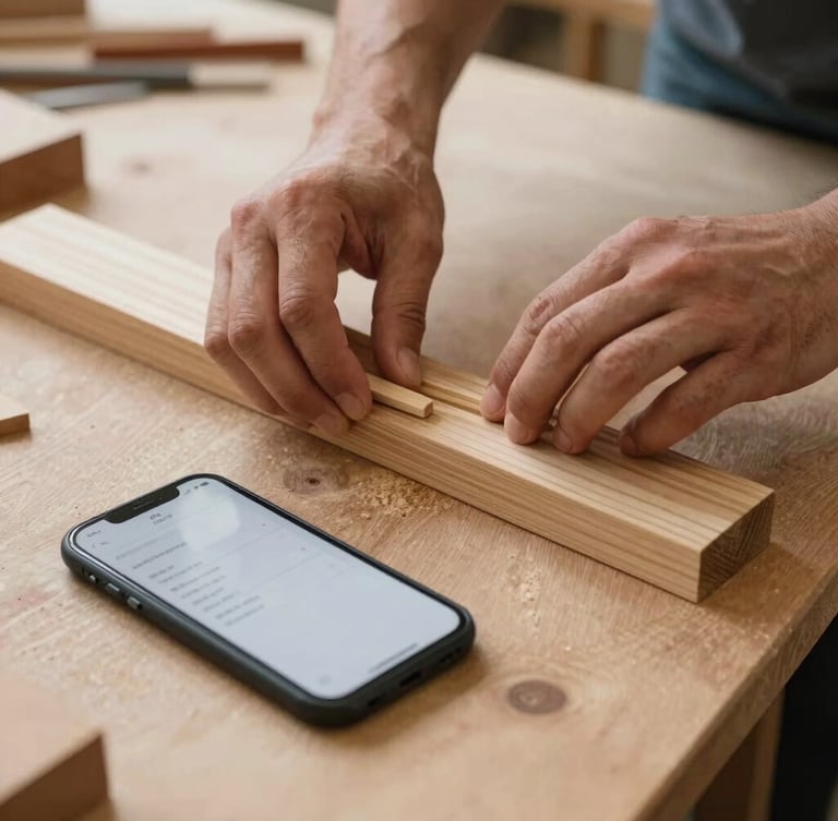 Gros plan serré sur des mains d'artisan travaillant le bois dans un atelier lumineux, avec un smartphone posé à côté montrant un tableau de bord simple, ambiance chaleureuse.