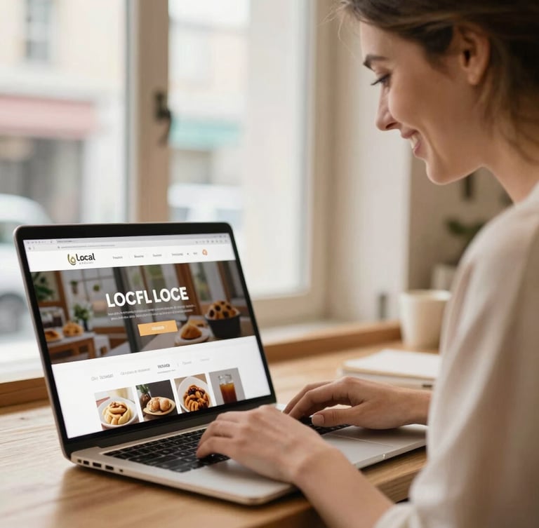 A close-up of a local bakery shop owner smiling while looking at a clean, modern website on a laptop screen, warm natural window light, shallow depth of field.