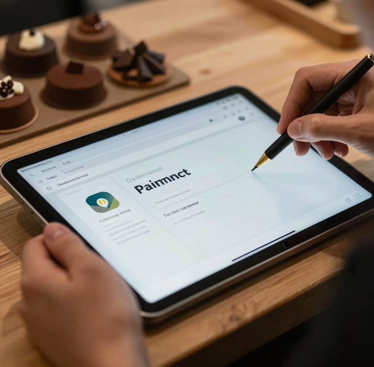 Vue rapprochée d'un artisan chocolatier préparant une commande, un écran de tablette affiche une interface de paiement WooCommerce épurée à côté, lumière naturelle dorée.