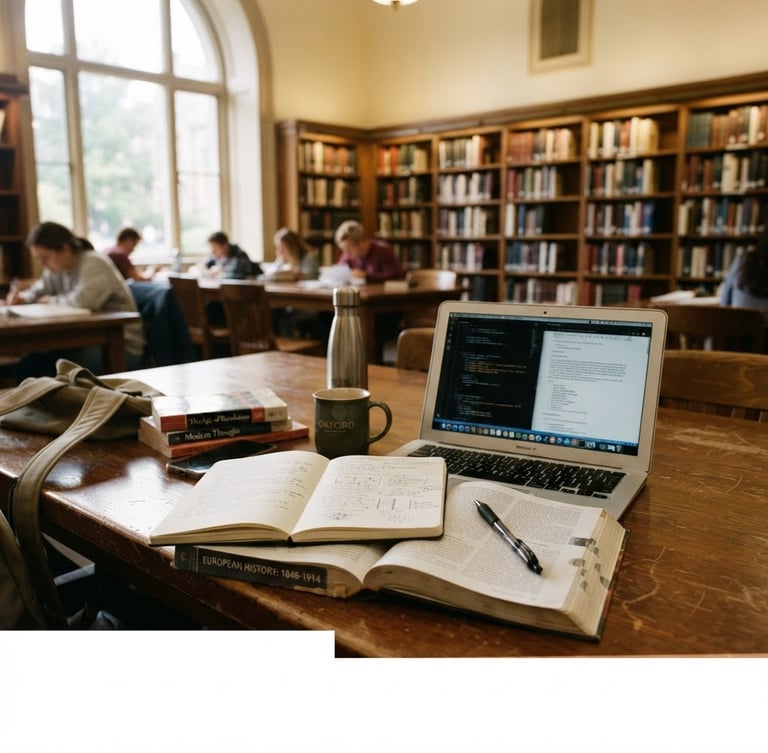 A bright, natural daylight shot of an authentic university library table with open notebooks, a laptop, and soft window light reflecting off polished wood.