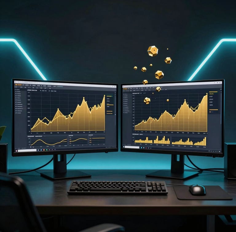 Symmetrical dark luxury workspace with neon cyan ambient rim lighting, dual monitors displaying gold analytics graphs, metallic nodes floating on screen, high contrast