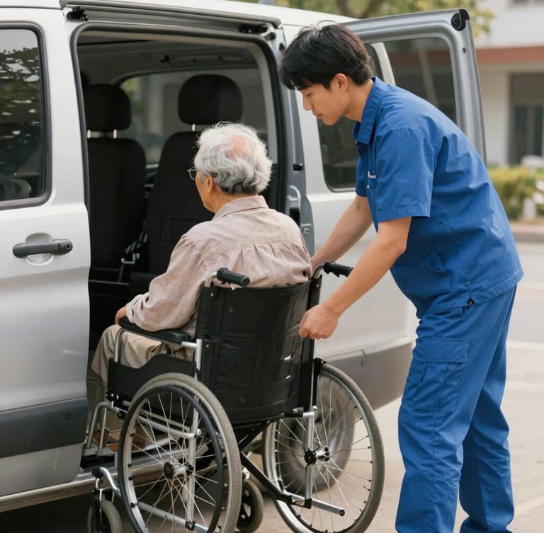 A warm editorial photograph of a driver in a clean slate-blue uniform gently assisting an elderly passenger into a modern wheelchair-accessible van, soft natural daylight, shallow depth of field.
