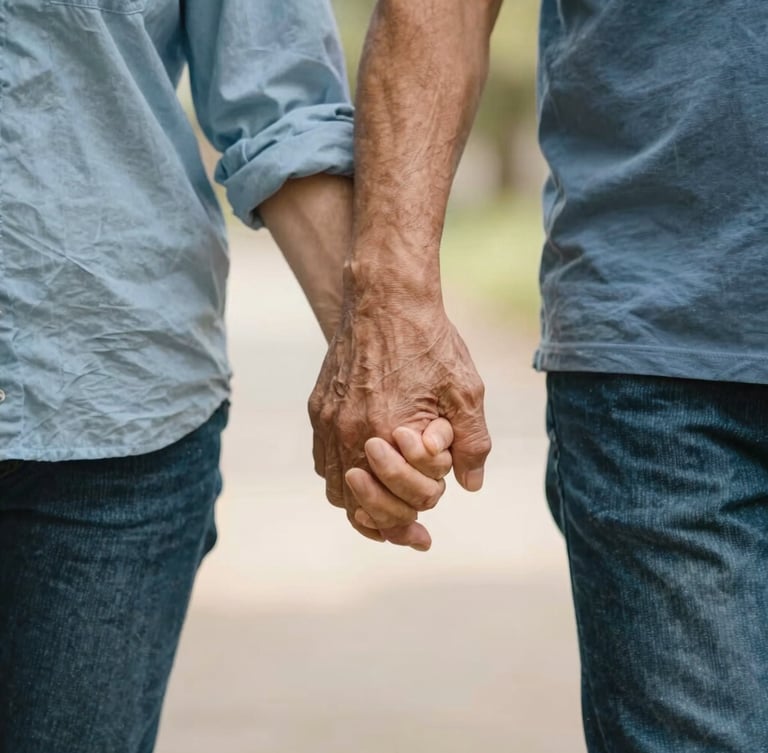 Warm editorial photograph of a driver gently holding an elderly passenger's hand as they walk, soft natural daylight, shallow depth of field.