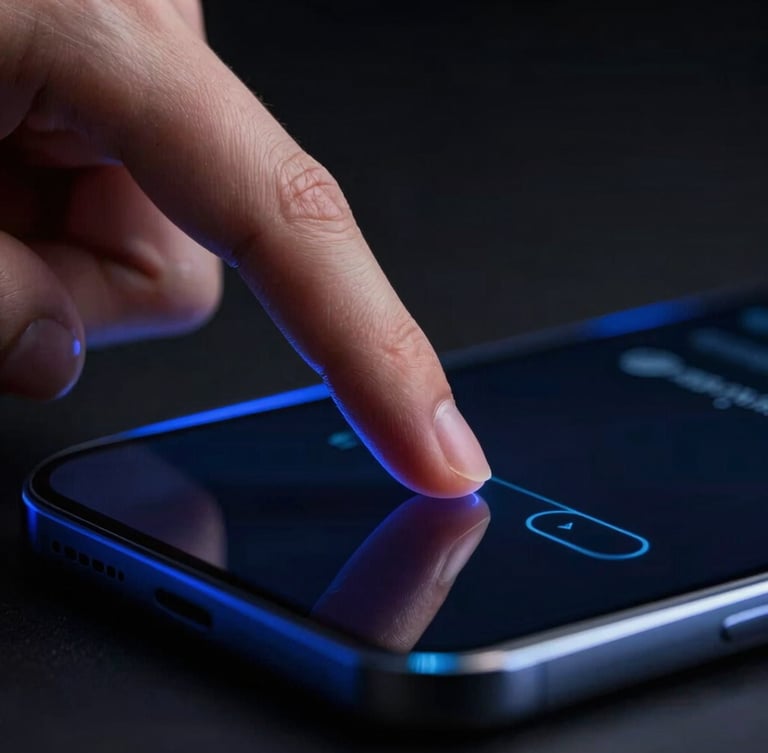 Macro close-up of a physical finger interacting with a sleek dark-mode app interface on a glass screen, dramatic electric blue rim lighting, deep black background
