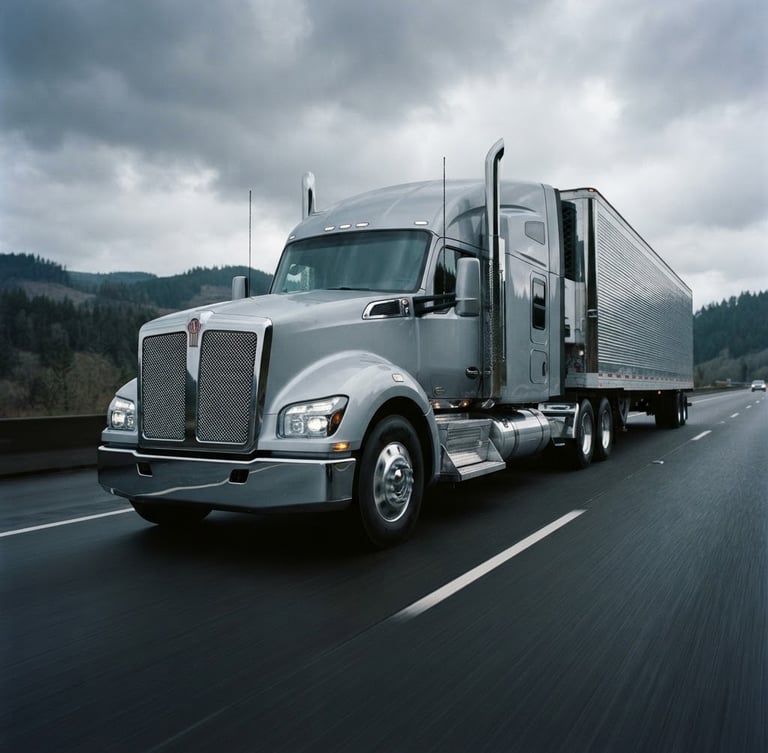 Heroic low-angle Class 8 semi-truck on a clean highway, cool metallic silver cab, dramatic overcast daylight, professional commercial photography, 35mm
