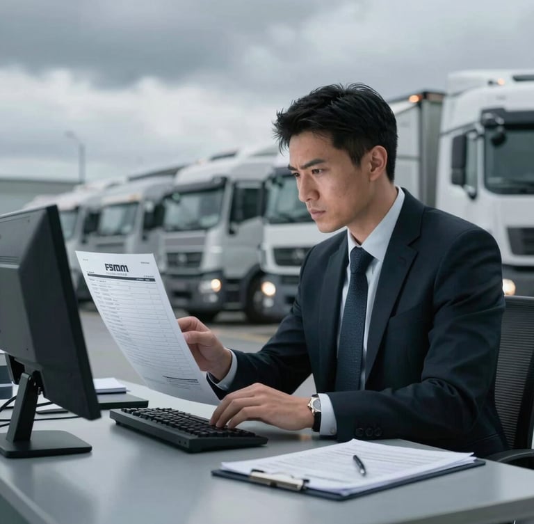 A serious professional logistics manager in a clean, modern terminal office reviewing digital manifests on a screen, cool metallic tones, dramatic overcast daylight, sharp focus, 35mm