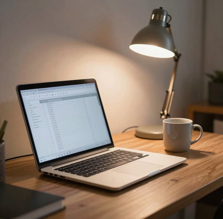 A close-up photograph of a clean wooden desk at dusk, a warm desk lamp casting a soft glow over a laptop showing clean spreadsheets, a ceramic mug sitting beside it, peaceful and organized atmosphere.
