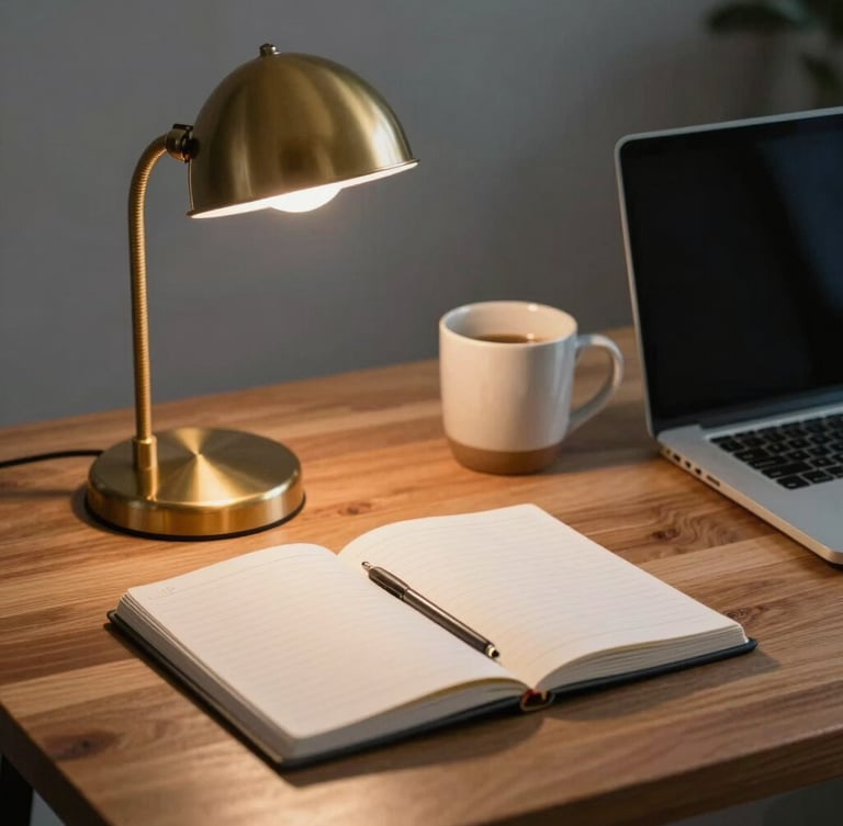 A close-up of a clean, warm wooden desk at twilight, a brass desk lamp casting a soft glow over a neat notebook and a ceramic mug beside a laptop.