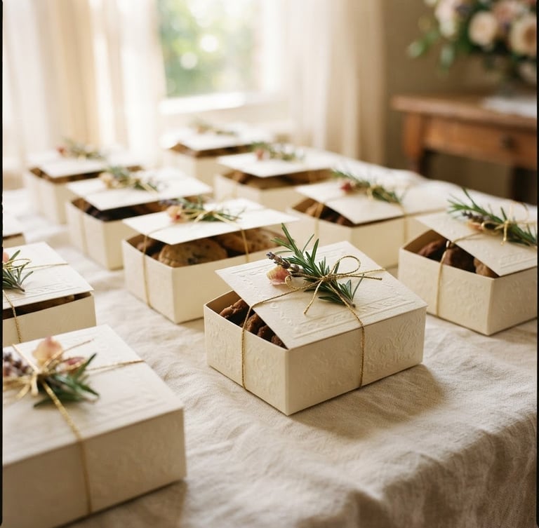 Elegant wedding favor biscuit boxes on a soft cream linen tablecloth, tied with a delicate gold thread and a tiny sprig of fresh rosemary, soft morning window light, warm tones, 35mm
