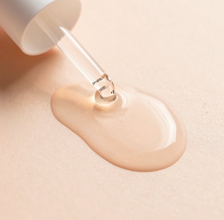 Macro shot of liquid serum texture flowing on a smooth surface, soft morning sunlight, peach tones, dewy finish, minimalist aesthetic, 35mm
