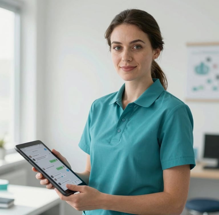 Bright, daylight-filled clinical office. A female Doctor of Physical Therapy in a teal polo shirt looks warmly at the camera, holding a tablet showing a chat interface. Clean, minimalist background.