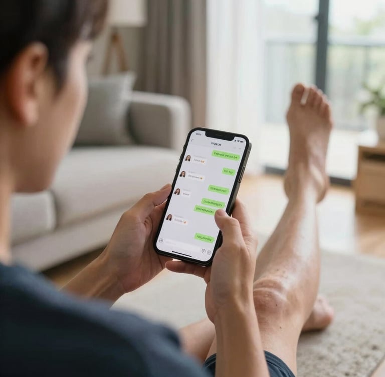 Over-the-shoulder shot of a person in a bright, daylight-filled living room holding a phone displaying a chat conversation, performing a gentle hamstring stretch in the background.