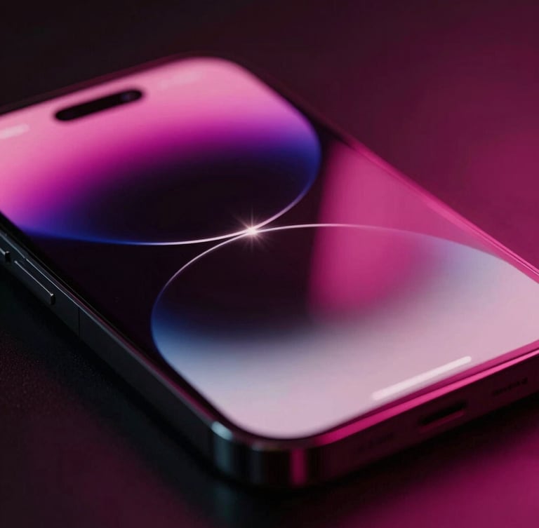Cinematic close-up of a high-end smartphone displaying a sleek mobile interface, dramatic neon pink lighting reflections, dark shadows, anamorphic lens flare, 16:9 aspect ratio