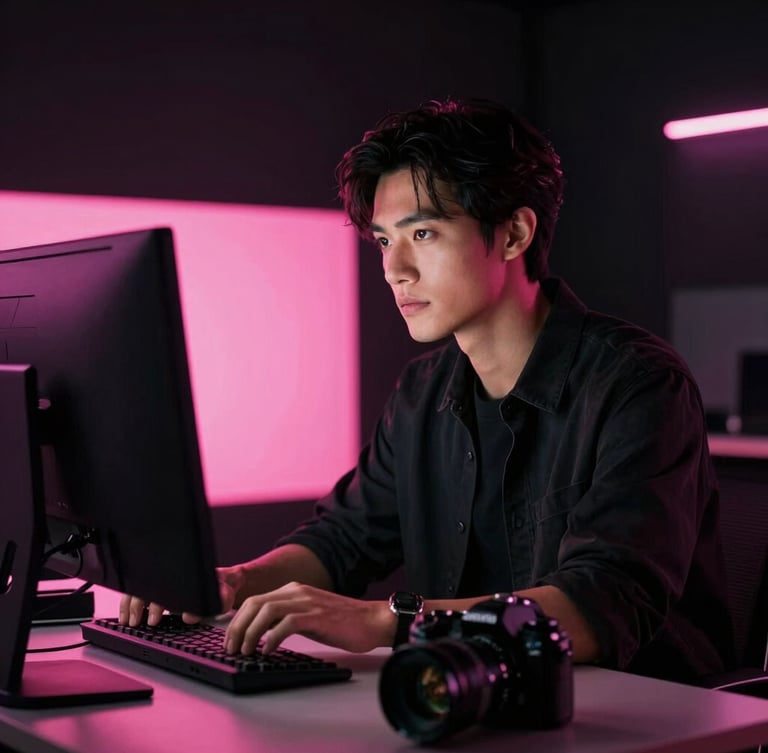 Cinematic portrait of a male designer working in a dark studio, soft pink glow from a monitor illuminating his face, camera gear on the desk, Lora aesthetic