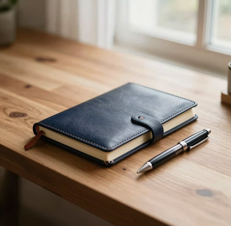 Warm editorial photography of a clean, organized wooden desk with a leather notebook, a classic pen, and soft natural window light, shallow depth of field, 35mm