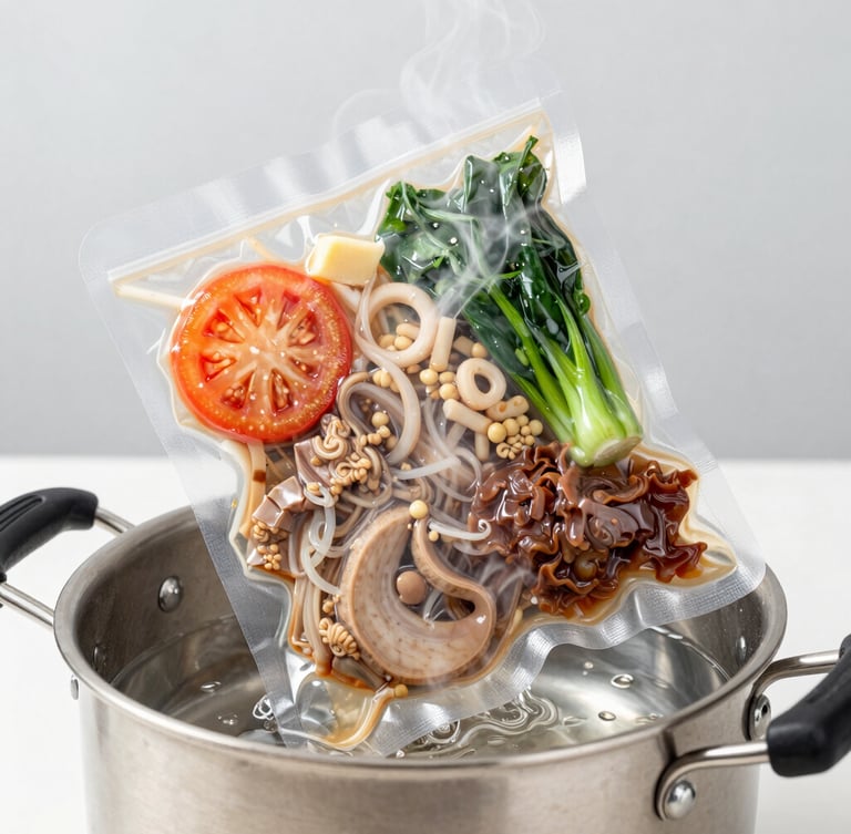 Close-up of a vacuum-sealed meal being placed into a pot of gently simmering water, steam rising, bright studio lighting, clean and precise