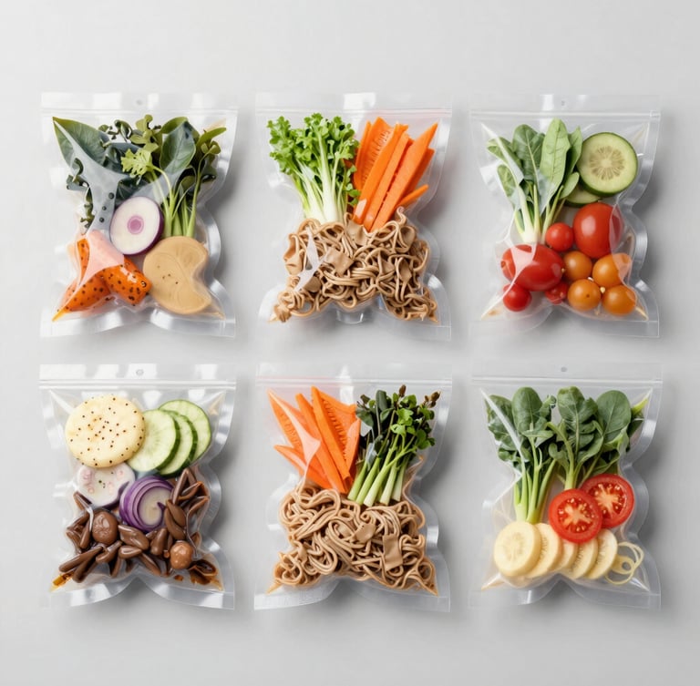 Overhead flat-lay of five vibrant, vacuum-sealed fitness meals on a minimalist light gray background, bright clean studio light, sharp focus, 50mm