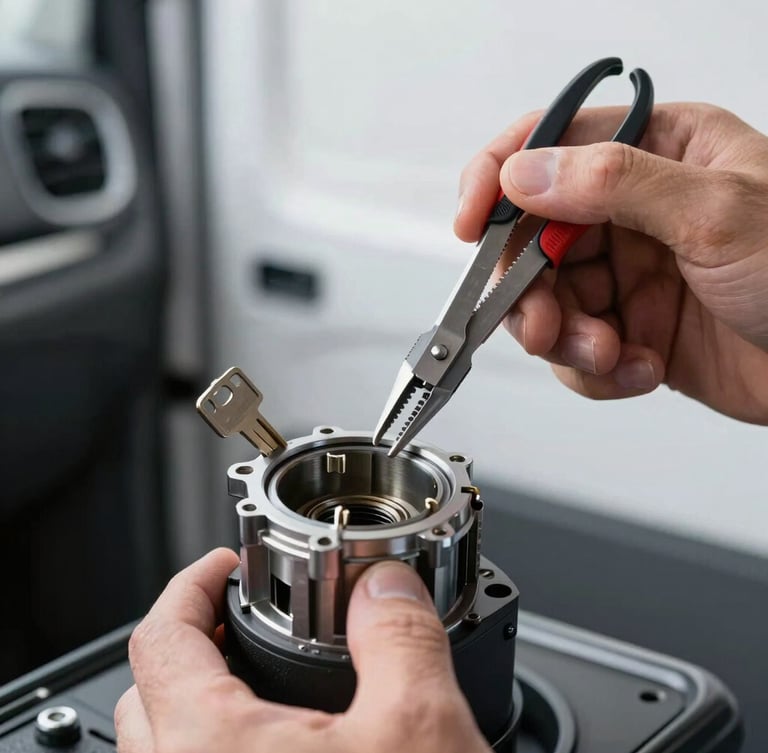 Tight macro shot of a technician's hands using micro-forceps to extract a broken key from a disassembled car ignition cylinder, sharp daylight, clean mobile van interior background.