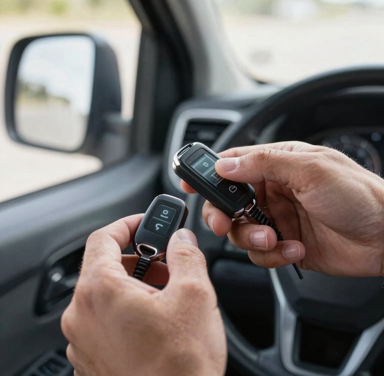 Tight macro shot of a technician's hands programming a modern digital key fob inside a mobile service van, bright interior lighting, sharp focus on the digital interface.