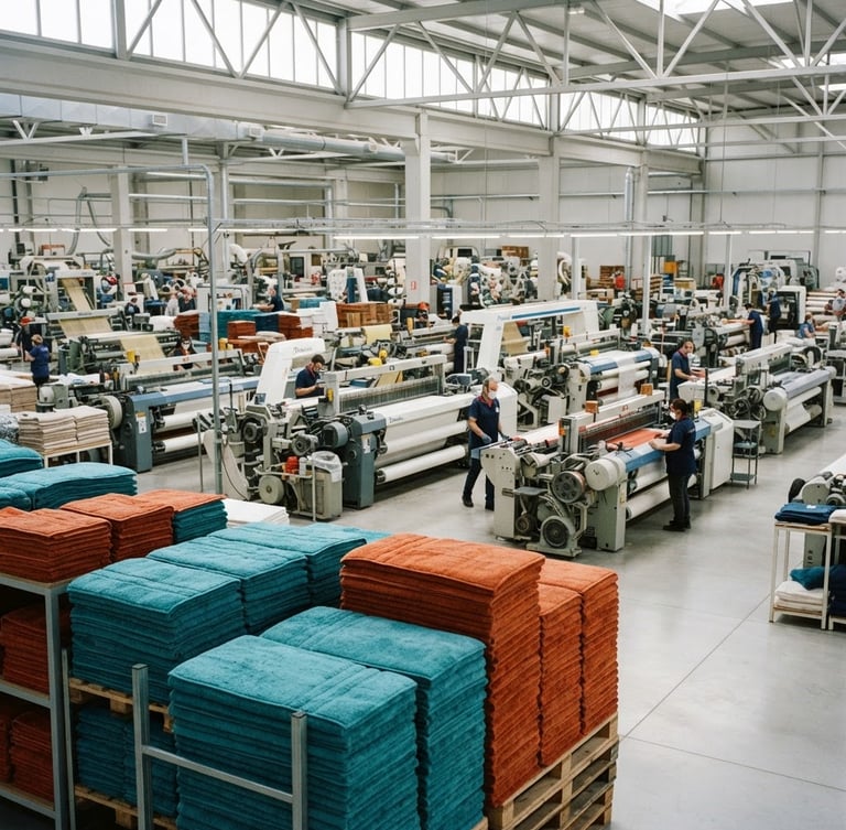 Wide shot of a clean, modern textile factory floor in Gaziantep, showing advanced weaving machines in operation, bright natural light, with soft bath mats stacked neatly in the foreground, 35mm, sharp details