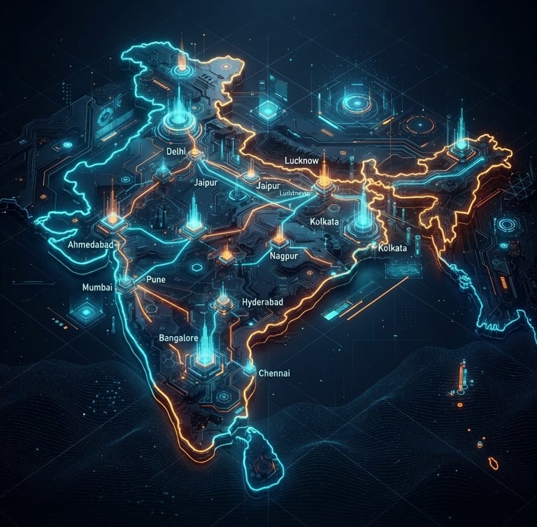 Dynamic isometric digital map of India with glowing neon lines connecting major cities, high-contrast cybernetic aesthetic, deep shadows, electric cyan and saffron accents, dark-mode digital illustration.