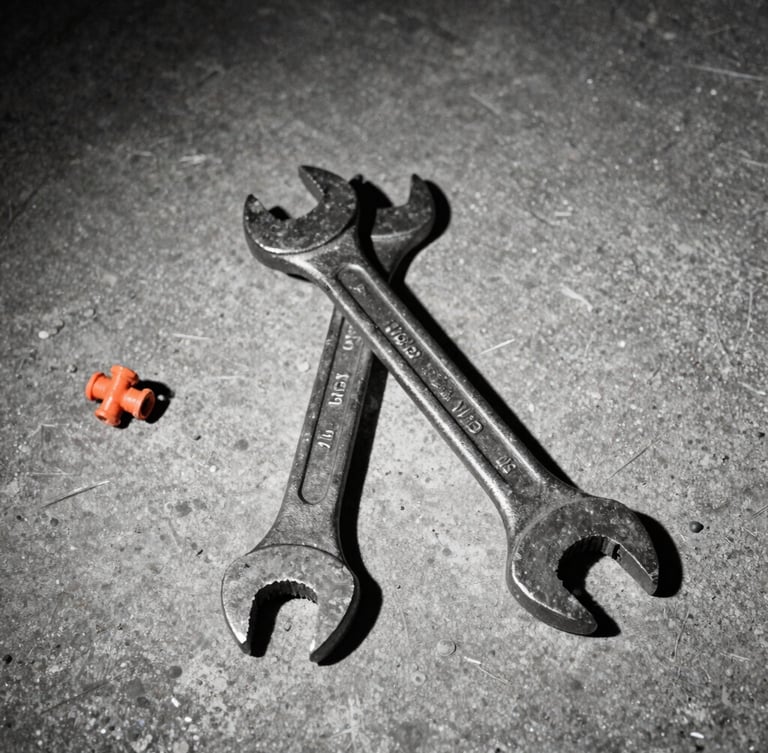 Gritty flash photography of heavy iron wrenches and industrial tools resting on a raw concrete floor in a low-lit Shoreditch basement, harsh direct light, high contrast