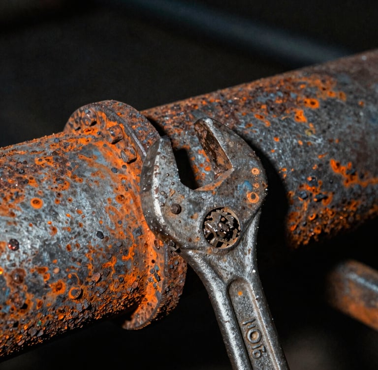 Extreme close-up of a rusted steel pipe being tightened by a heavy wrench, harsh direct flash, gritty texture, dark background.