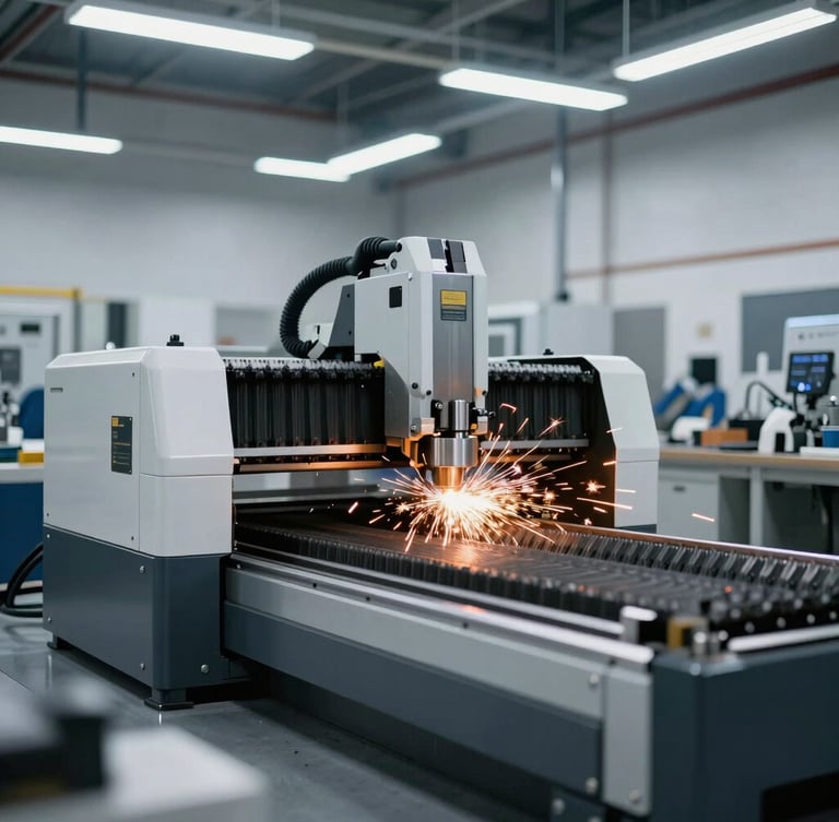 Wide panoramic of a clean, modern Rathdrum shop floor, heavy machinery in operation, cool industrial lighting, with warm orange sparks from a CNC machine, shallow depth of field