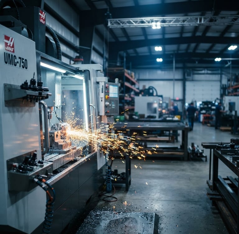 Wide shot of a modern CNC milling machine throwing bright orange sparks, cool blue ambient workshop light, sharp metallic textures, Rathdrum facility in background, shallow depth of field, panoramic 21:9 frame, machine on left third.