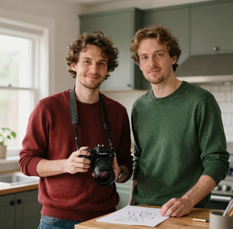 Portrait of two agency founders, one with a camera, the other sketching, in a warm, Scandinavian-style kitchen with natural light. Soft, natural light, shallow depth of field, rich crimson and forest green tones.