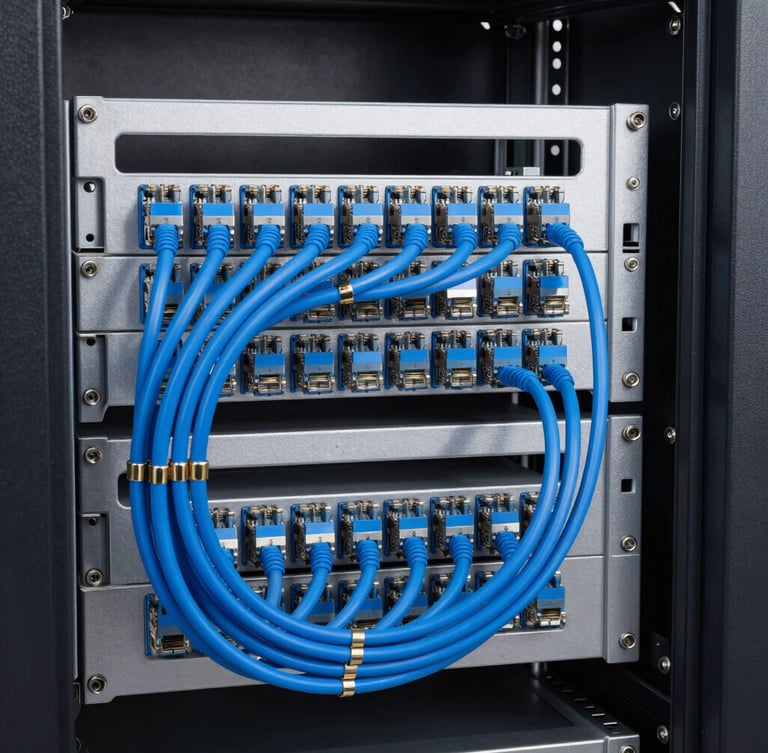 A clean, modern server rack with neatly organized blue ethernet cables, bright studio lighting, sharp focus, technical precision