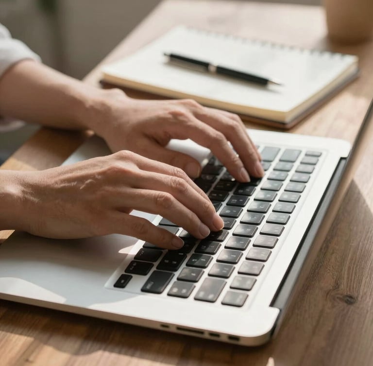 Close-up of hands typing on a clean laptop keyboard next to a neatly organized notebook, soft natural morning light streaming across a wooden desk.