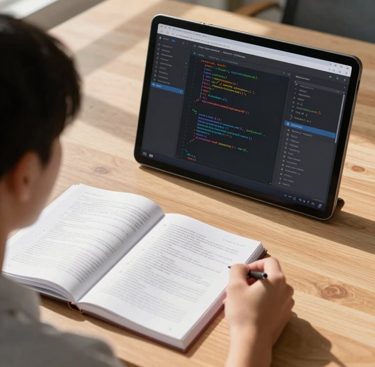 Over-the-shoulder view of a student analyzing a split-screen code editor and open reference manual, bright morning daylight casting clean shadows across a wooden desk.
