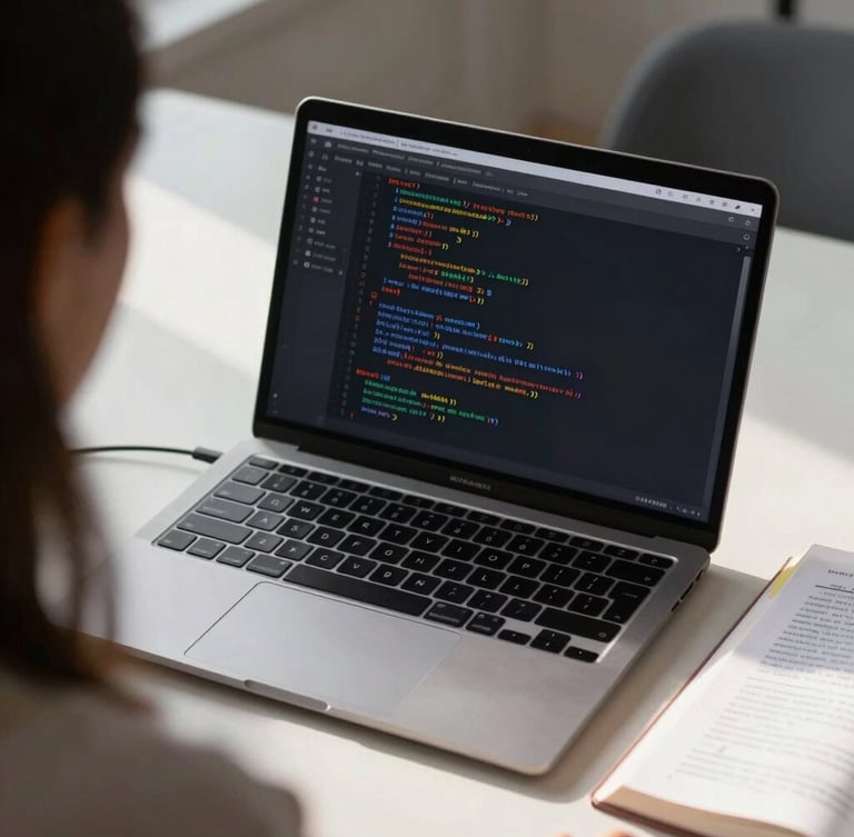 Over-the-shoulder view of a clean desk in morning light, a laptop displaying structured code and a textbook with neat highlighting.