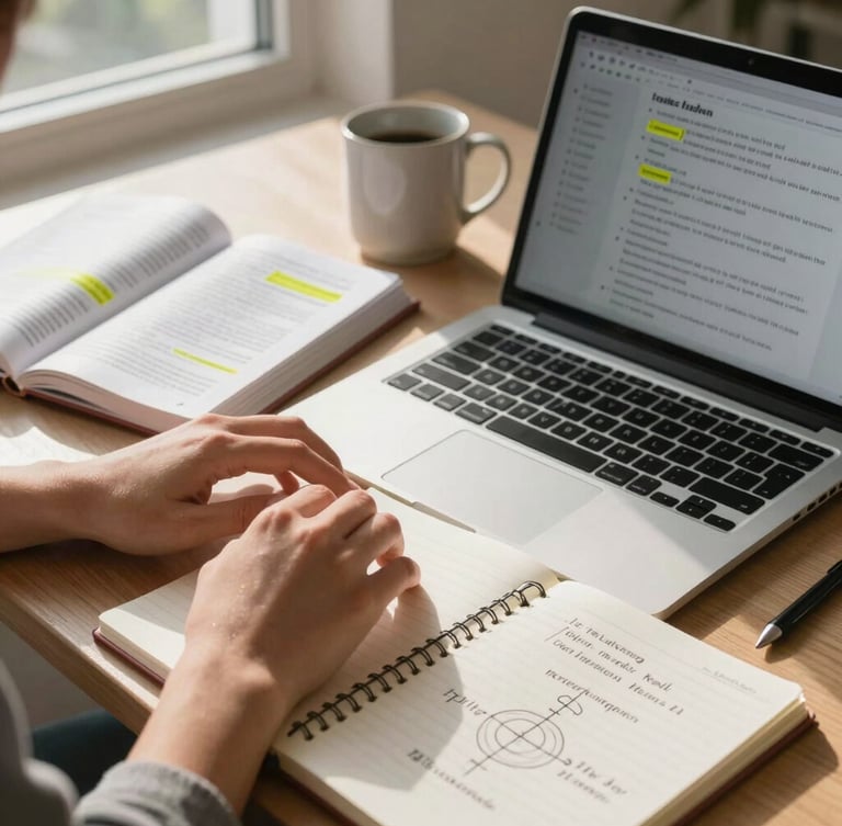 A close-up, over-the-shoulder shot of hands typing a structured academic outline on a laptop. Beside the laptop lies an open collegiate textbook with neat yellow highlighting, a clean notebook with hand-drawn structural diagrams, and a ceramic mug. The workspace is illuminated by bright, natural morning daylight streaming in from a side window, casting soft shadows. Highly organized, clean, and focused atmosphere.