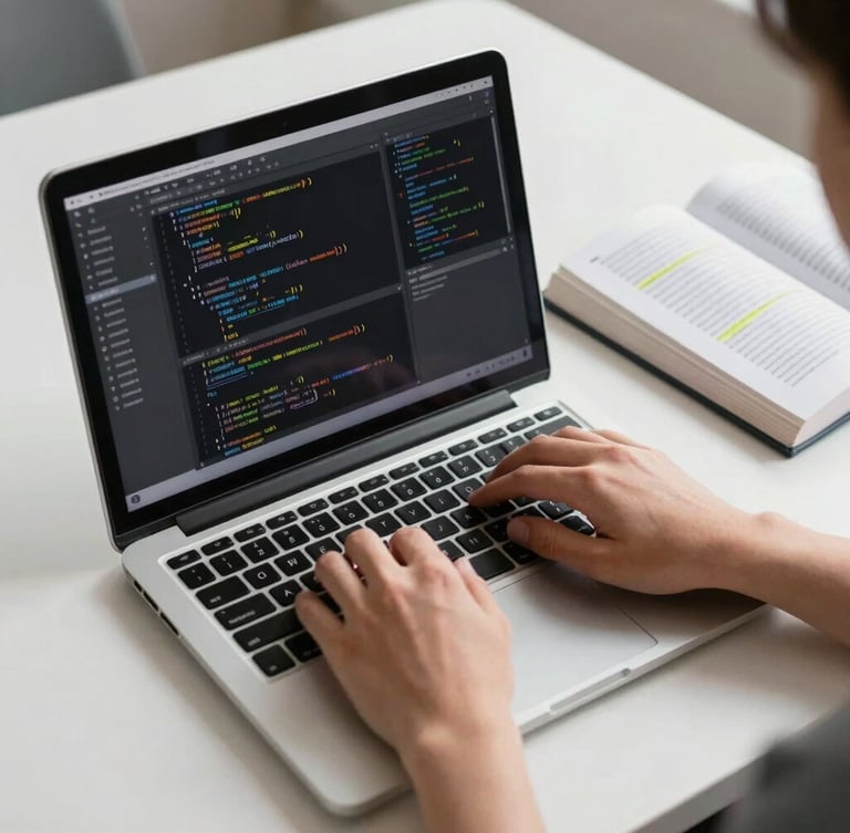 Over-the-shoulder view of a clean desk in morning daylight, hands typing on a laptop displaying a split-screen code editor and an open textbook with neat highlighting.