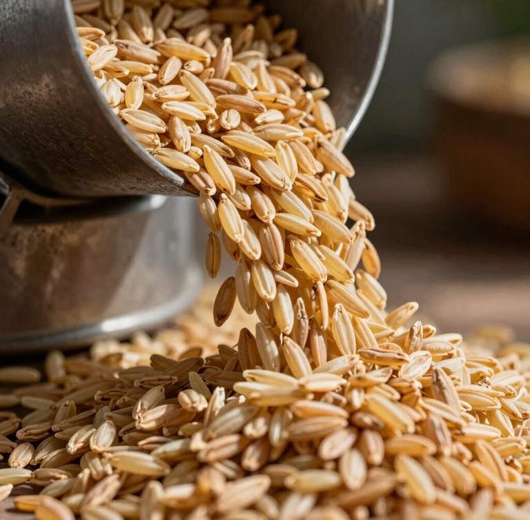 Extreme macro shot of golden basmati rice grains flowing through an industrial steel chute, high contrast, natural midday light.