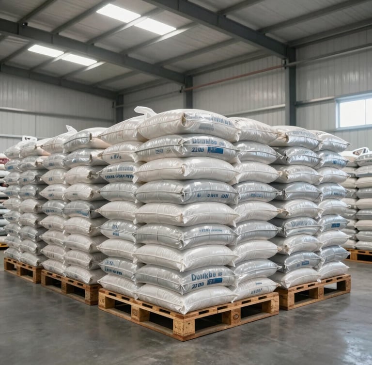 Wide-angle view inside a massive, clean industrial foodstuff warehouse, stacked pallets of bulk bags under bright natural light
