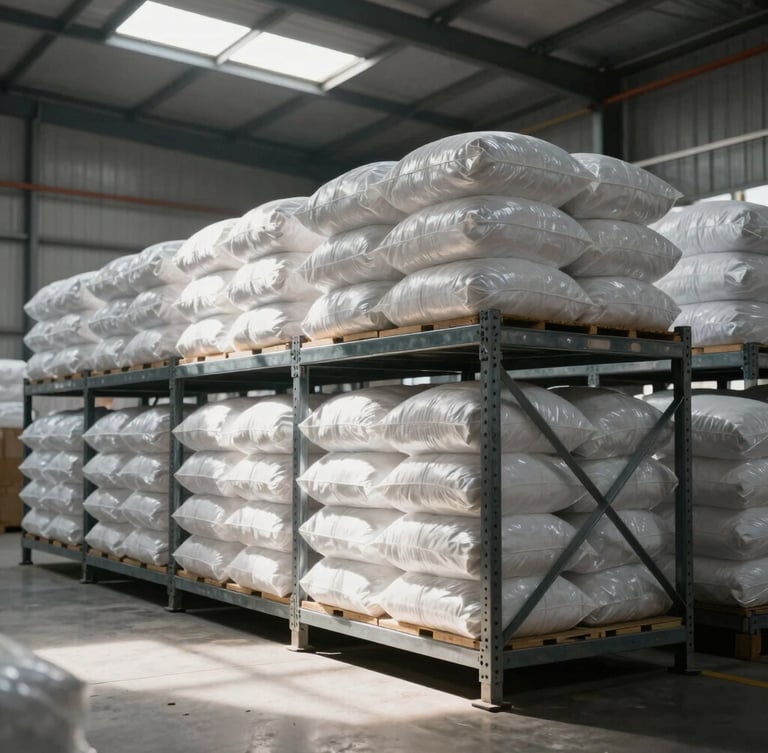 Clean industrial warehouse interior, high-contrast natural light streaming through skylights, rows of neatly stacked bulk dry goods on heavy metal racks.