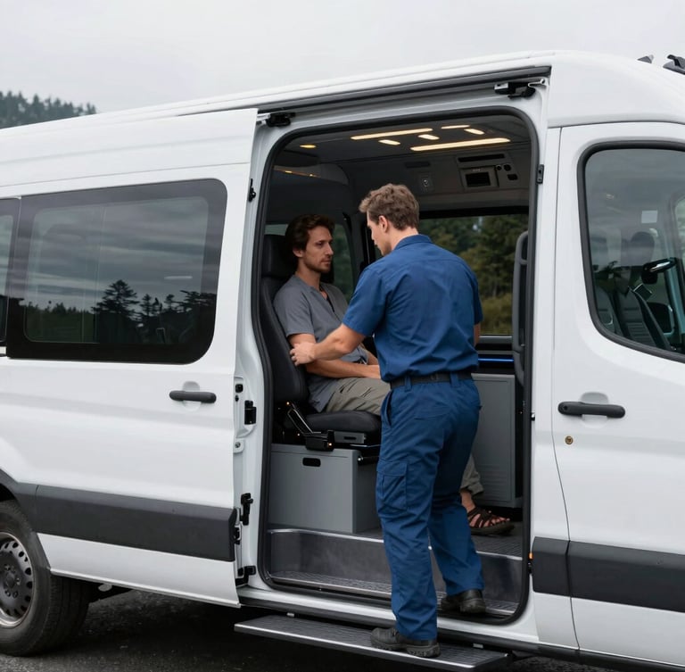 Professional medical transport specialist in a clean uniform assisting a patient into a pristine, modern medical transport vehicle, bright overcast daylight, Pacific Northwest landscape in background. Sharp focus, desaturated cool tones with amber accents.