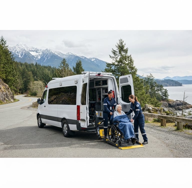 Wide panoramic shot of a modern, pristine white medical transport van parked against a clean, overcast Pacific Northwest landscape, professional staff in uniform assisting a patient into the rear, sharp focus, bright daylight.