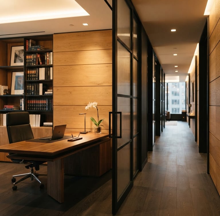 Wide architectural interior of a luxurious law office, featuring matte black partitions, warm oak wood paneling, and soft golden ambient light. A large, elegant desk is visible to the left, with the image bleeding to the right edge. Editorial, warm architectural photography, soft golden ambient light, matte black and oak wood tones, shallow depth of field.