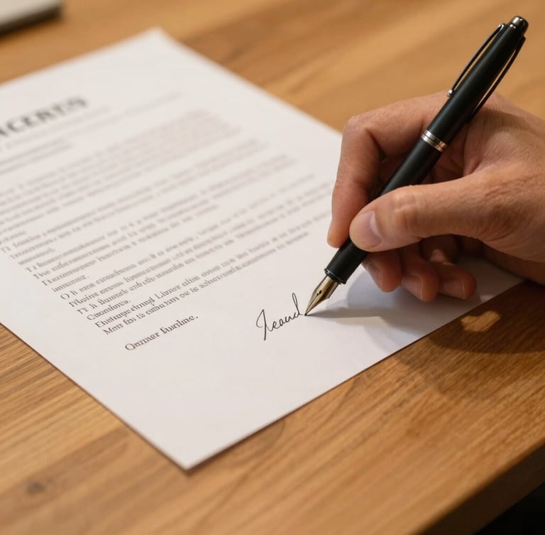 Close-up of a legal document being signed with a fountain pen on an oak wood desk, soft golden light, portrait aspect, shallow depth of field, editorial.