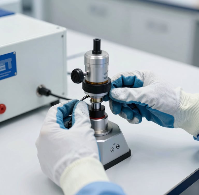 Hands in heavy-duty safety gloves calibrating a precision air monitoring sensor on a clean laboratory bench, bright neutral studio lighting, high detail