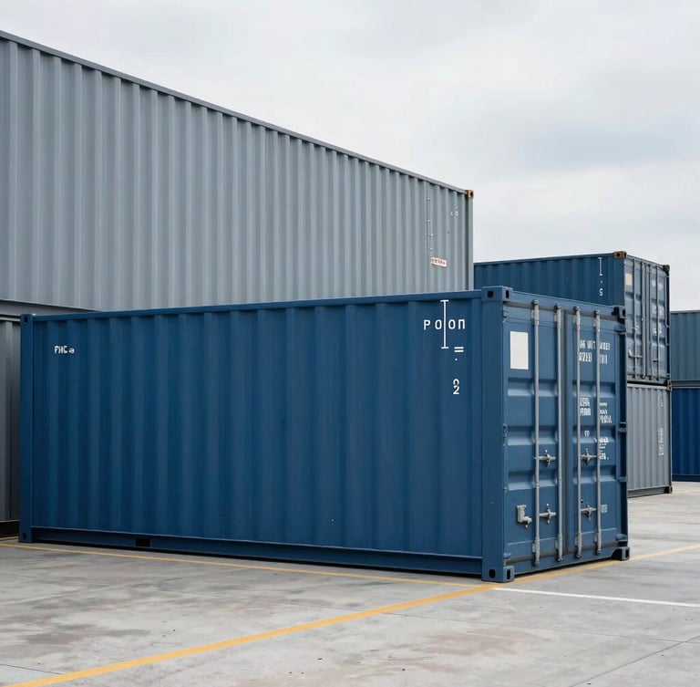 Sharp architectural shot of a modern logistics terminal with clean lines, steel blue shipping containers, overcast natural daylight, sharp focus, 35mm lens.