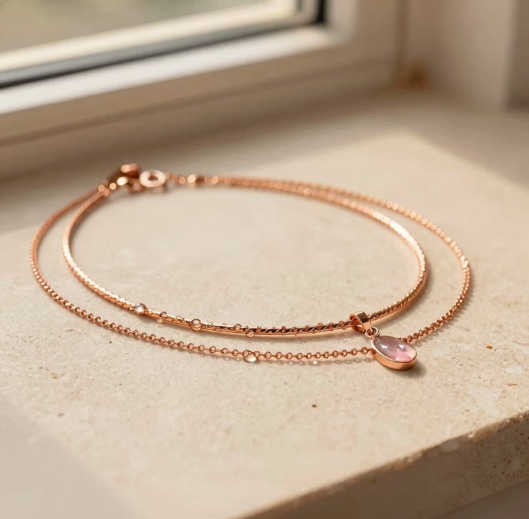 Elegant rose gold necklaces stacked on a light beige stone surface, water droplets sparkling on the metal, warm golden-hour light