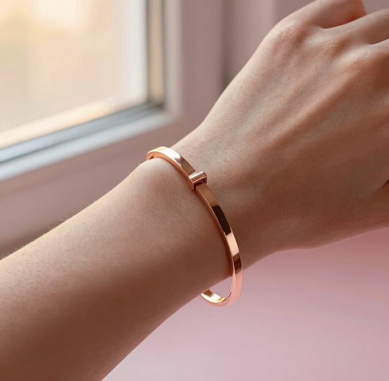 Macro detail shot of a gleaming rose gold bracelet on a woman's wrist, warm golden-hour window light, soft pink tones, shallow depth of field