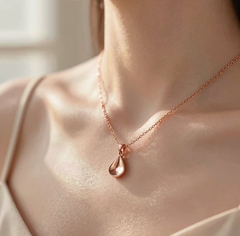 Macro close-up of a elegant rose gold necklace on a woman's collarbone, soft sunlight, warm editorial photography, shallow depth of field